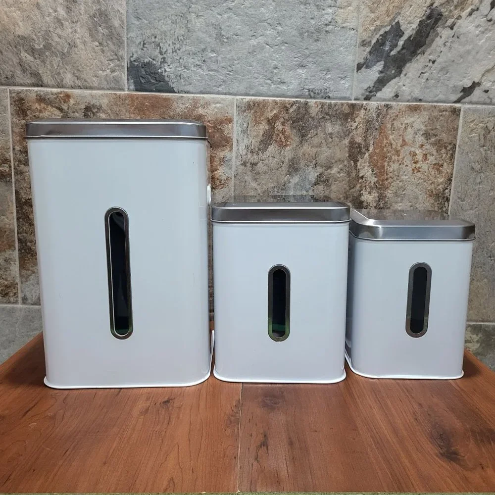 Nesting Square White & Silver Tin Cans Set of 3